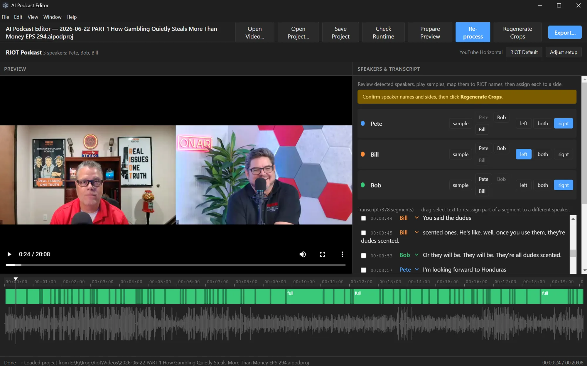 The editor with a 20-minute episode loaded: three detected speakers mapped to names and screen sides, 378 transcript segments, and the generated crop timeline above the waveform.