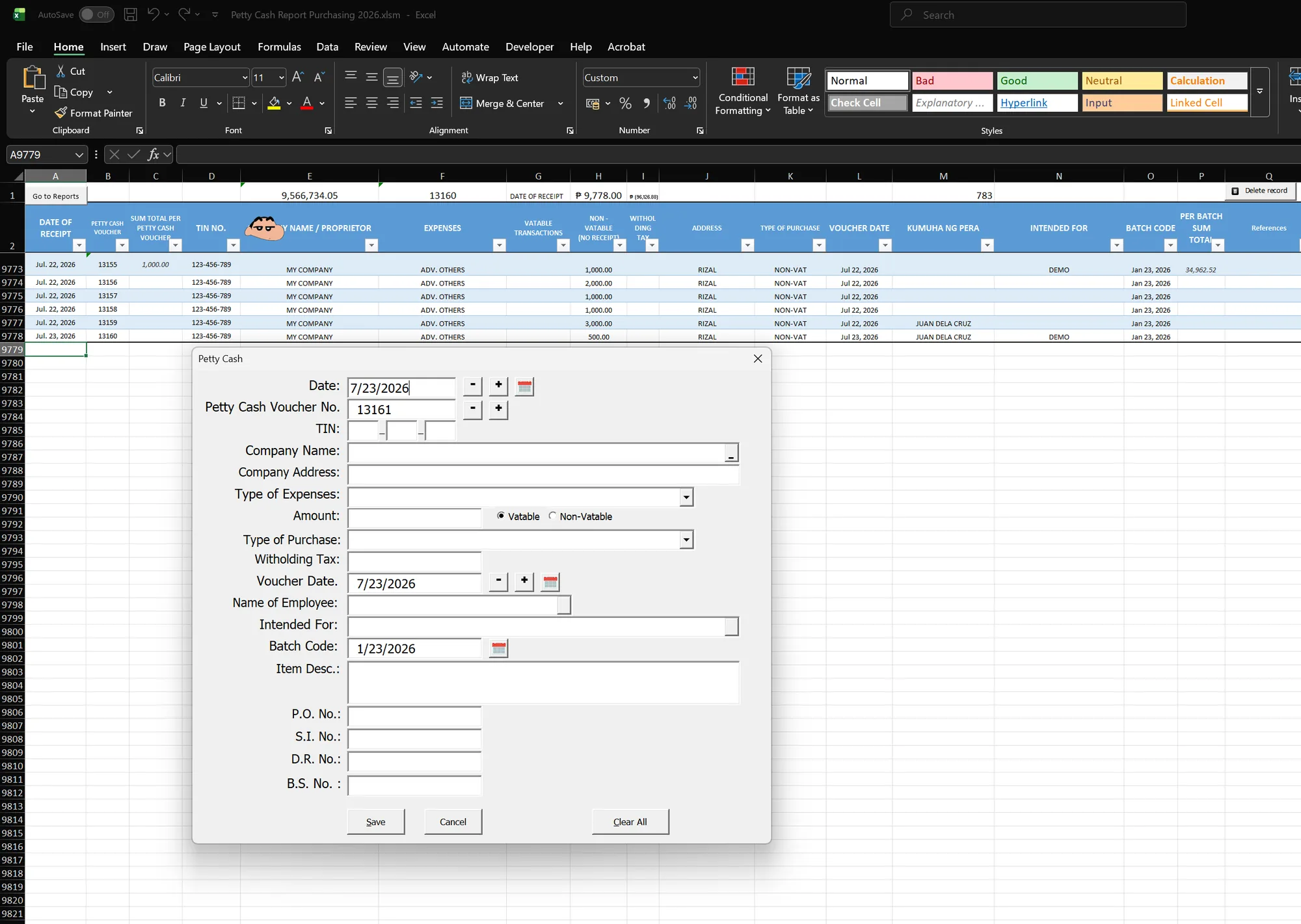 The petty cash entry form open over the transaction sheet, with demonstration records on rows 9773–9778 — invented supplier, TIN, payee, and amount values.
