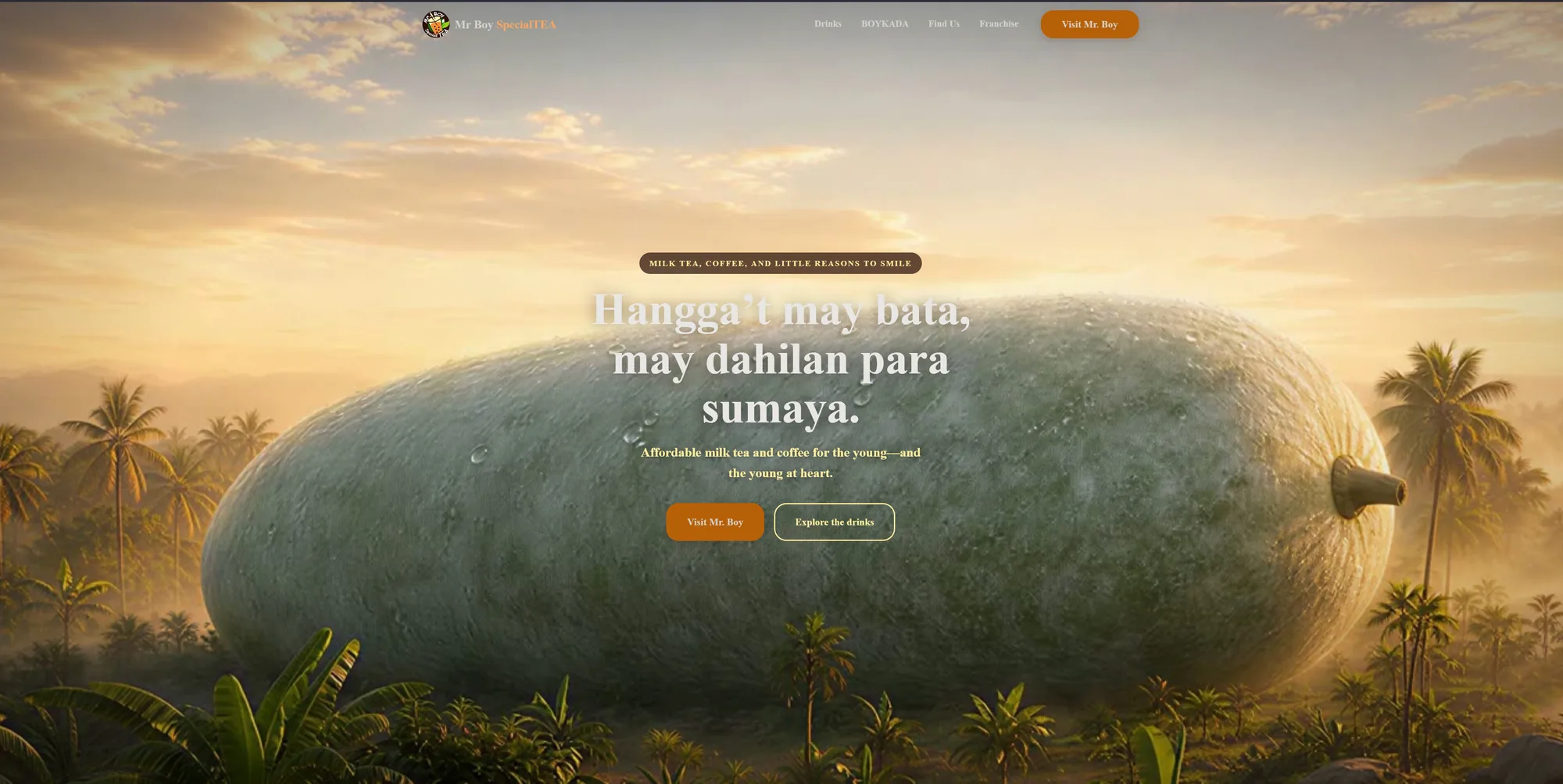 The Mr Boy SpecialTEA spec build: full-bleed hero with a Tagalog headline, product navigation, and two calls to action.