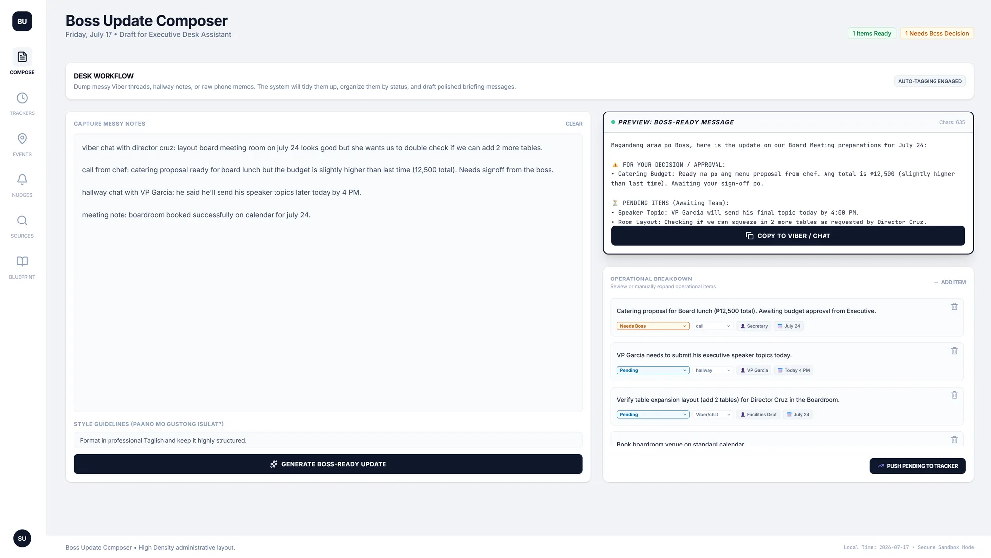 The boss update composer: raw Viber and hallway notes captured on the left, the generated Taglish executive briefing and tagged operational items on the right.